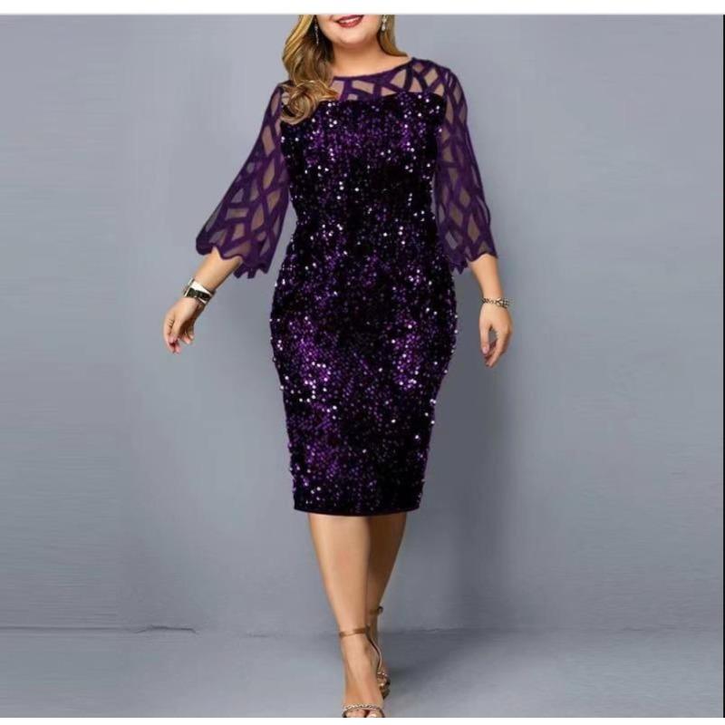 

women s Plus Size Sequin Mesh Patchwork 3/4 Sleeve Round Neck Bodycon Party Midi Dress S фиолетовый