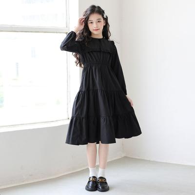 Mädchenmode Schwarzes Prinzessinnenkleid Frühling/Herbst Kinder Süßes Kleid mit Spitzenkragen und Stufenrock