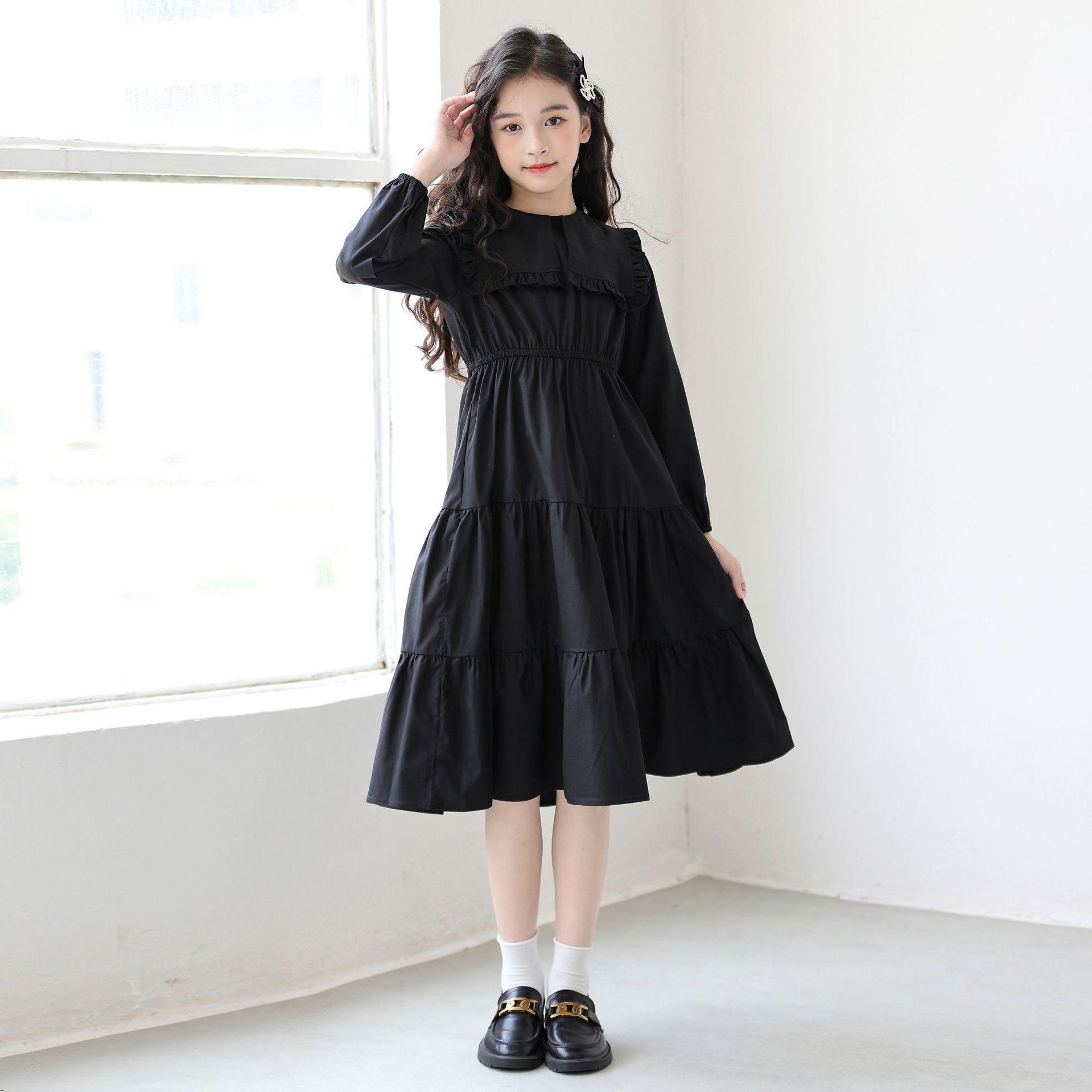 

Girls Fashion Black Princess Dress Spring/Fall Children s Sweet Lace Collar Tiered Dress 165