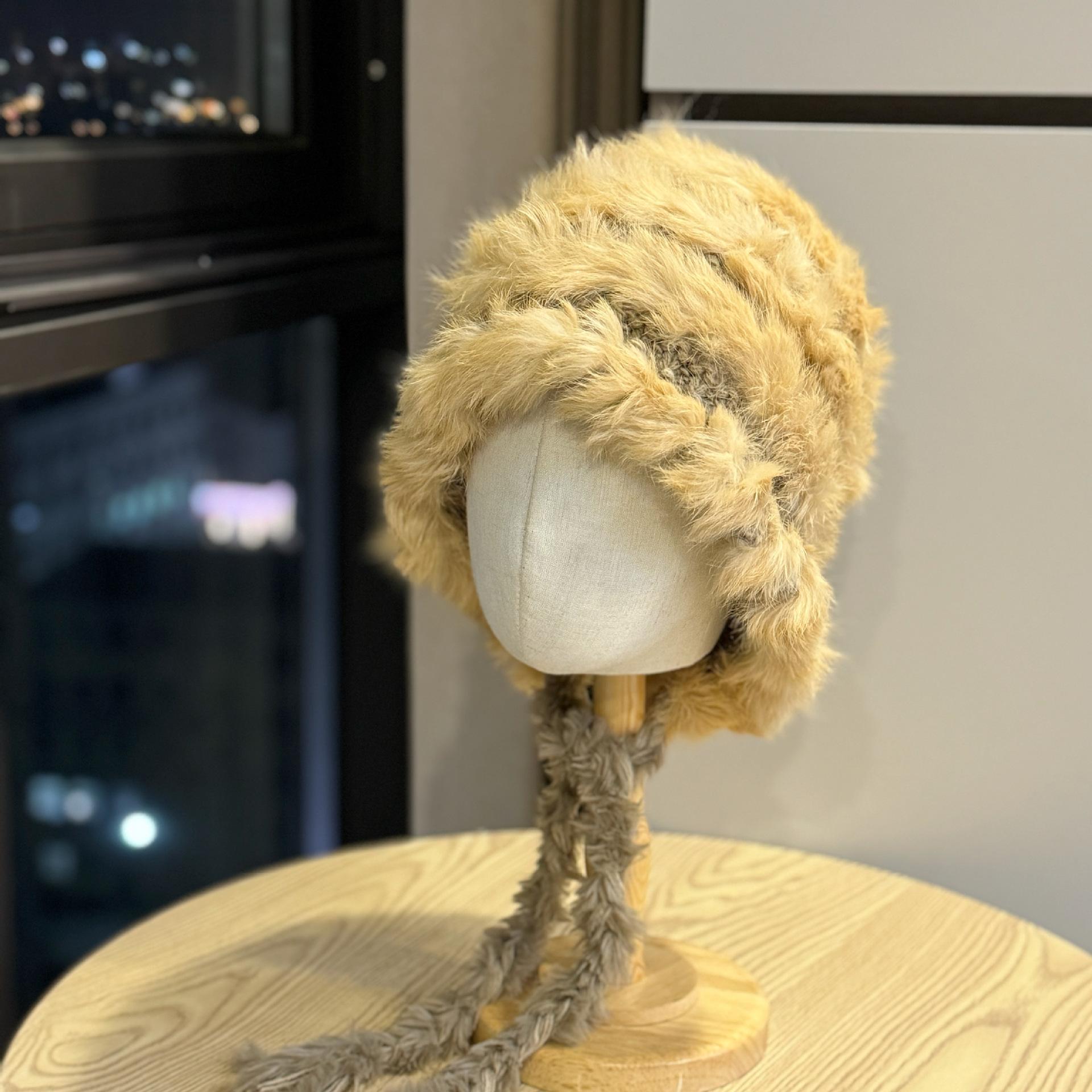 

Теплая шапка с ушками из кроличьего меха, осенне-зимняя толстая вязаная шапка с помпонами, пушистая шапка для большого обхвата головы Adult54-60Average Size хаки