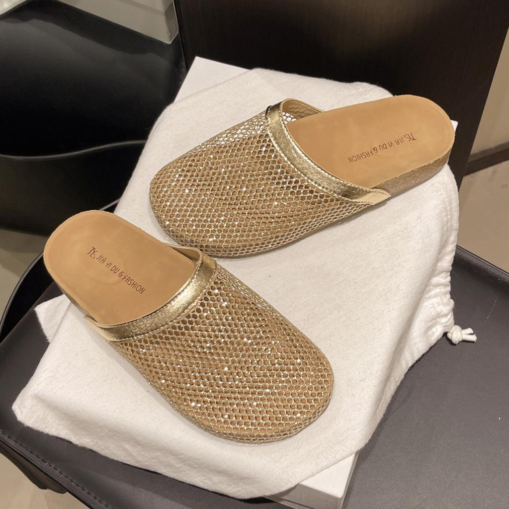 Thick Bottom Hollow Fishing Net Birkenstocks Slippers Women's 2025 Summer New Cork Flat Bottom Comfortable Bag Head Half Slippers