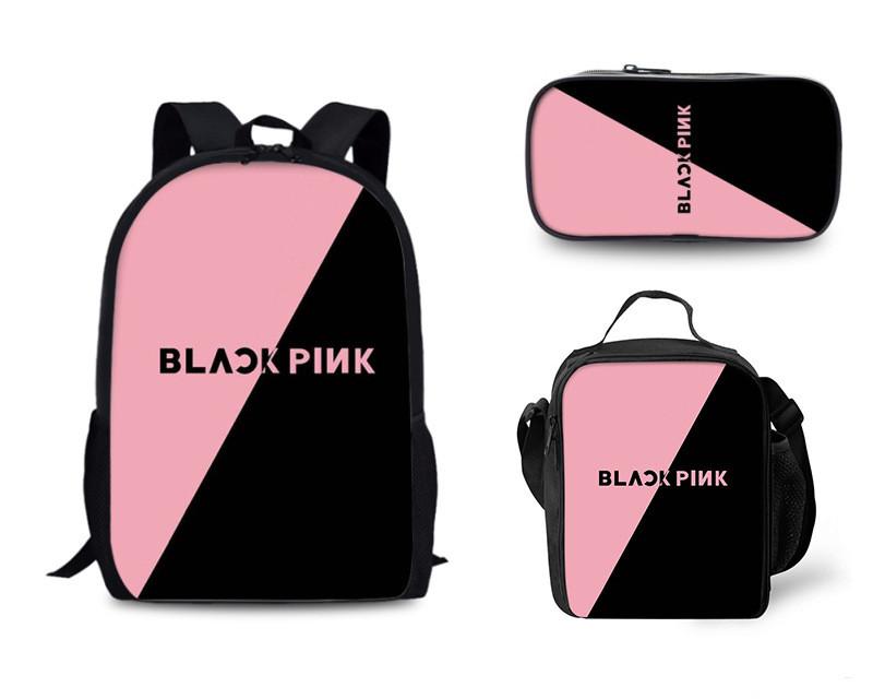 Black Pink Book Bag Set With Pencil Case And Lunch Bag For Teens And Students StyleA