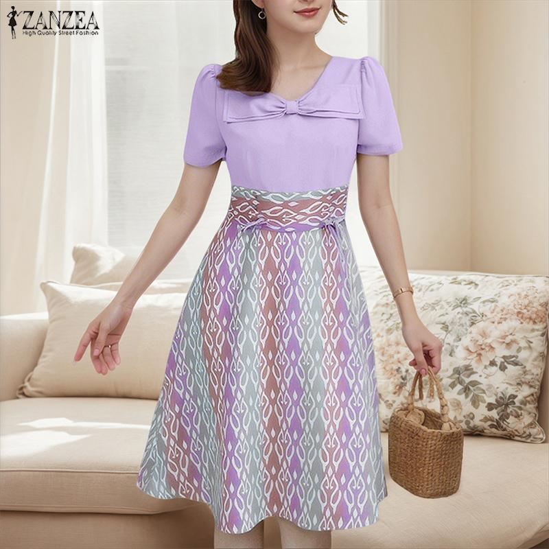 ZANZEA Damska swobodna sukienka z okrągłym dekoltem i krótkim rękawem, z nadrukiem na lato