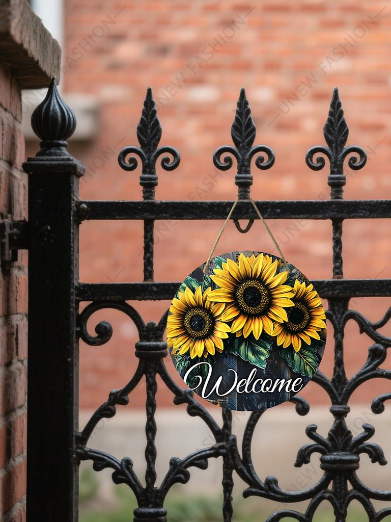 Welcome Sunflower Round Wooden Hanging Sign, 2D Flat Wooden Farmhouse Front Door Decor