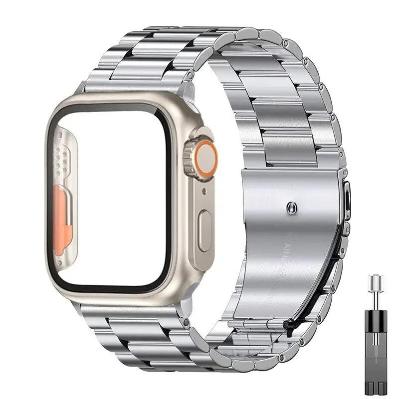 

Ремешок из нержавеющей стали+чехол Ultra для ремешка Apple Watch 44 мм 45 46 41 40 42 мм Чехол Металлический ремешок для Iwatch Series 10 9 8 7 6 SE 5 4 45mm-Series 9 8 7 серебряный
