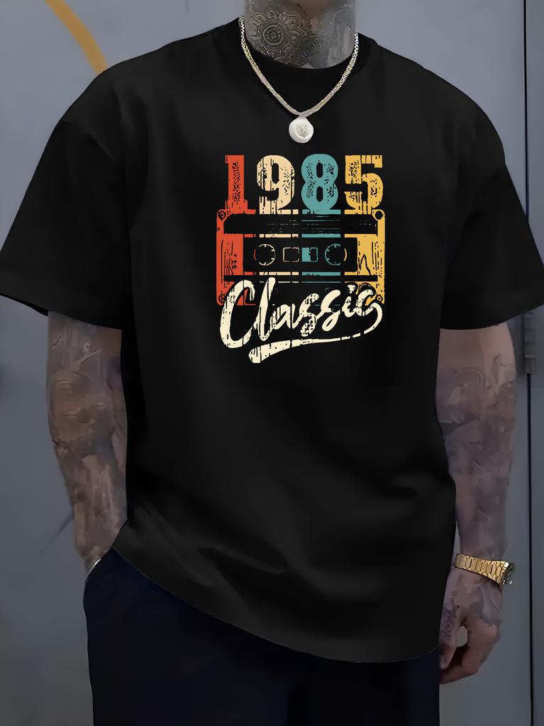 Unisex Black Crew Neck Tee Retro Multicolor Cassette Tape 1985 Classic Distressed Vintage Music Born Year Soft Cotton Male Tops