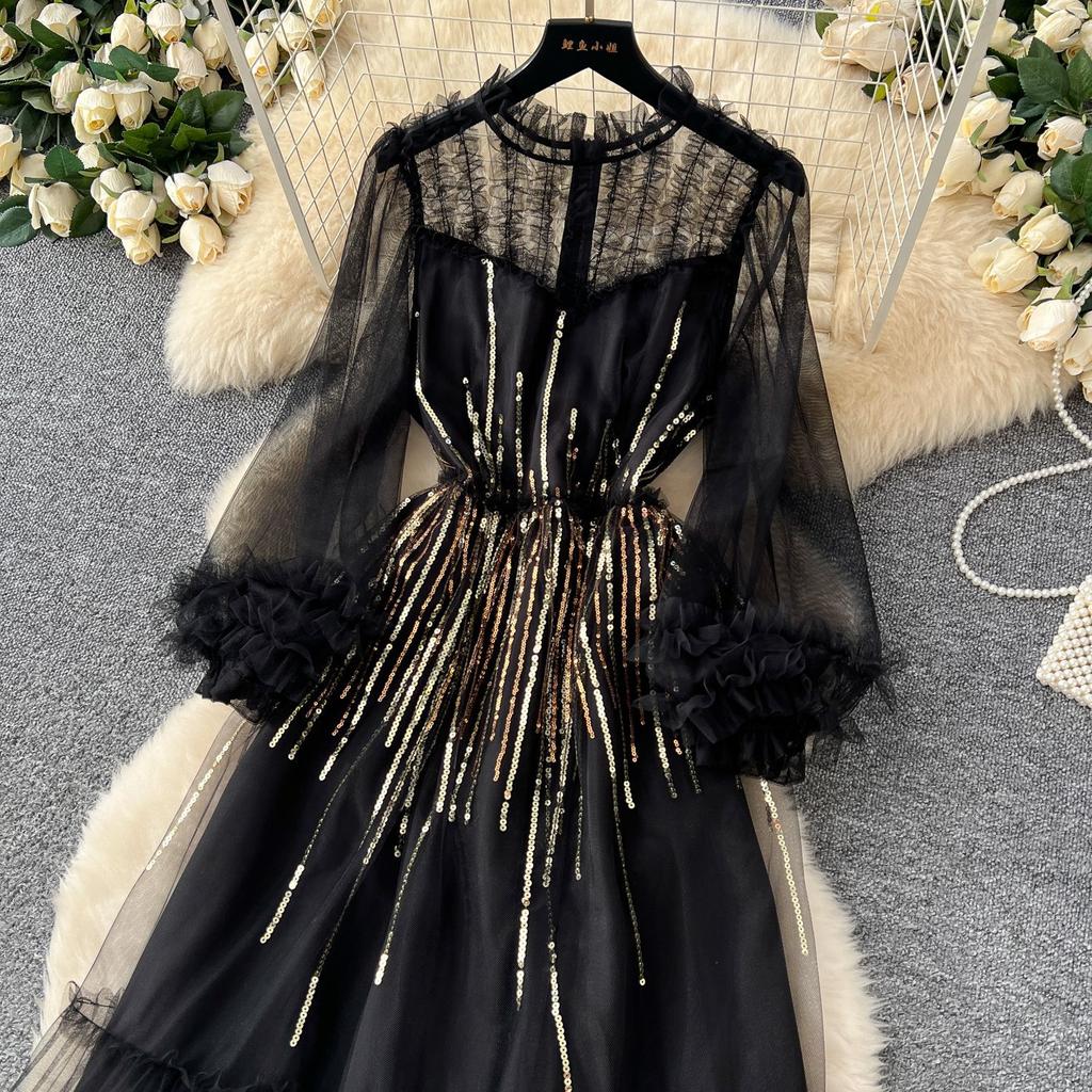 High-end Women's Dress 2025 Sequined Embroidered Three-dimensional Lace Mesh Long-sleeved Waist Dress Skirt