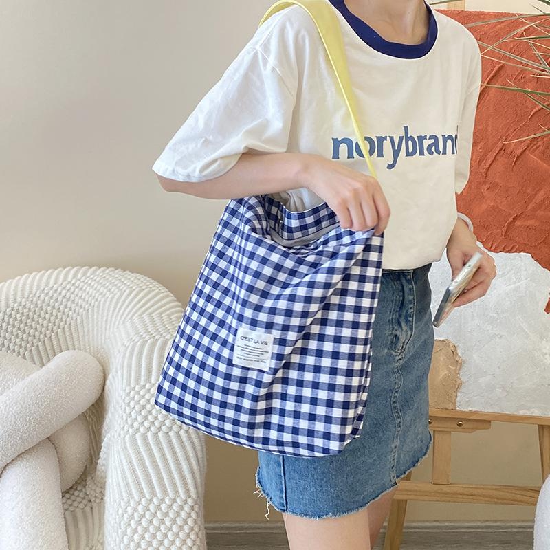 

Холщовые сумки для покупок, прочные женские студенческие хлопковые льняные однослойные сумки через плечо в клетку ColorCheck