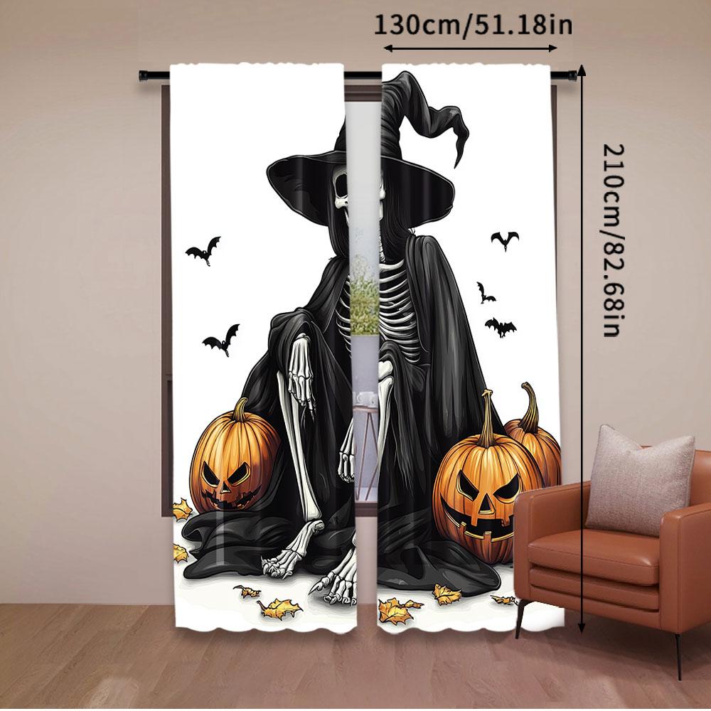Set Of 2 Horror Halloween Witch Skeleton Curtain Evil Bat Pumpkin Decoration Window Drapes Party Home Office Classroom Curtains Made Polyester
