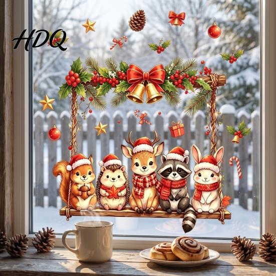 Festive Window Decorations Christmas Animals Decal Static Cling Removable Sticker Waterproof PVC Cute Animal Stickers