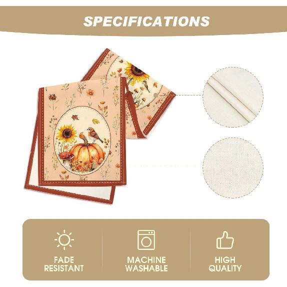 Artoid Mode Chinese Rural Style Pumpkin Bird Floral 210 GSM Fall Table Runner, Seasonal Autumn Kitchen Dining Table Decoration for Home Party Decor