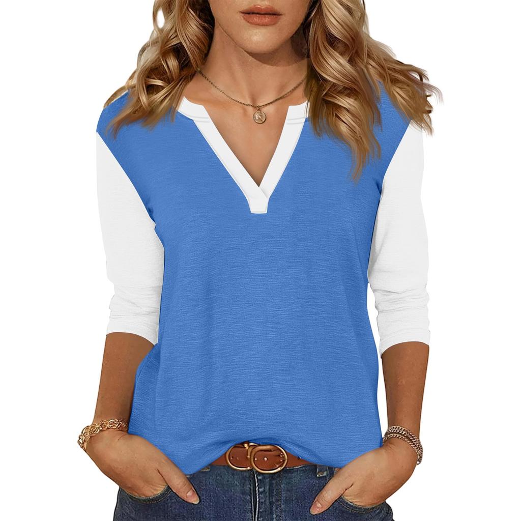 Women's Casual Fashion Sexy Comfortable V-neck Stitching Color Three-quarter Sleeve Top