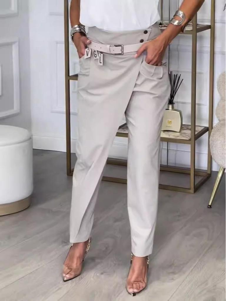 2024 Autumn Women's European & American Fashion Solid Color Irregular Casual Pants with Pockets
