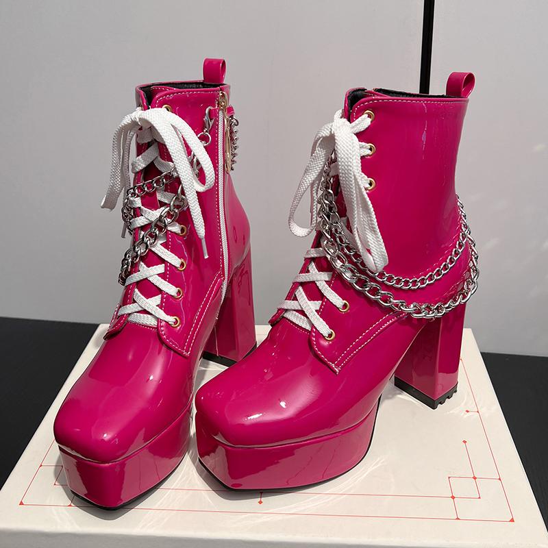 2026 High Gloss Patent Leather Lace Up Zipper Metal Chain Punk Style Short Boots Square Toe High Thick Heel Platform Boots