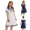 Girls Sailor Collar Dress Short Sleeve Bowknot Striped Hem Contrast Color School Uniform