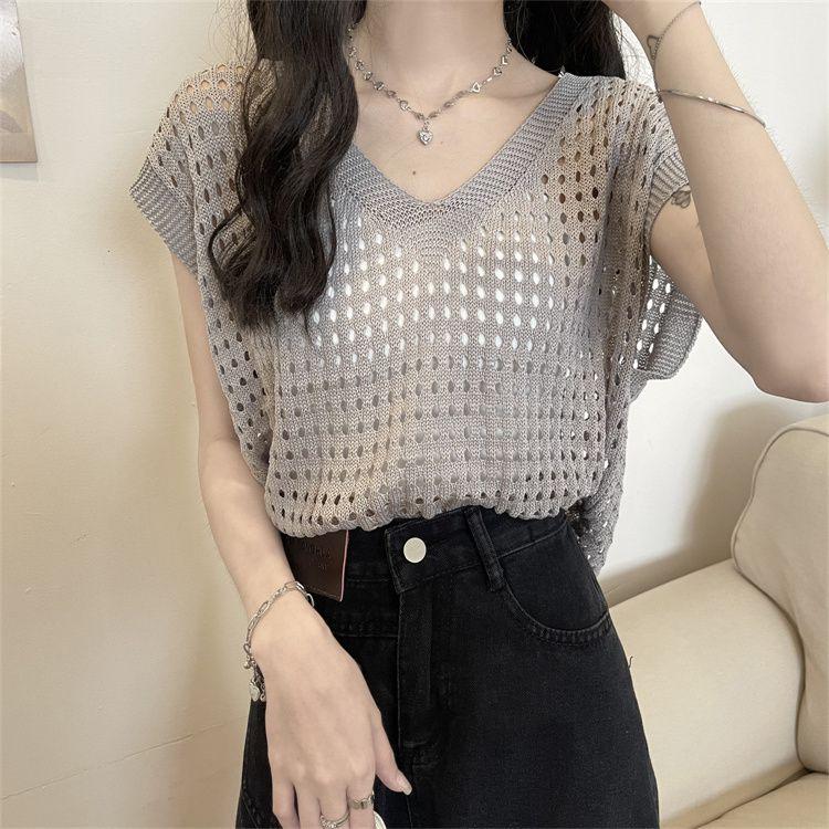 Hollow V-neck Ice Silk Knitted Shirt Short Sleeved T-shirt Women's Thin Collarbone Top Winter Year Sun Protection Cover