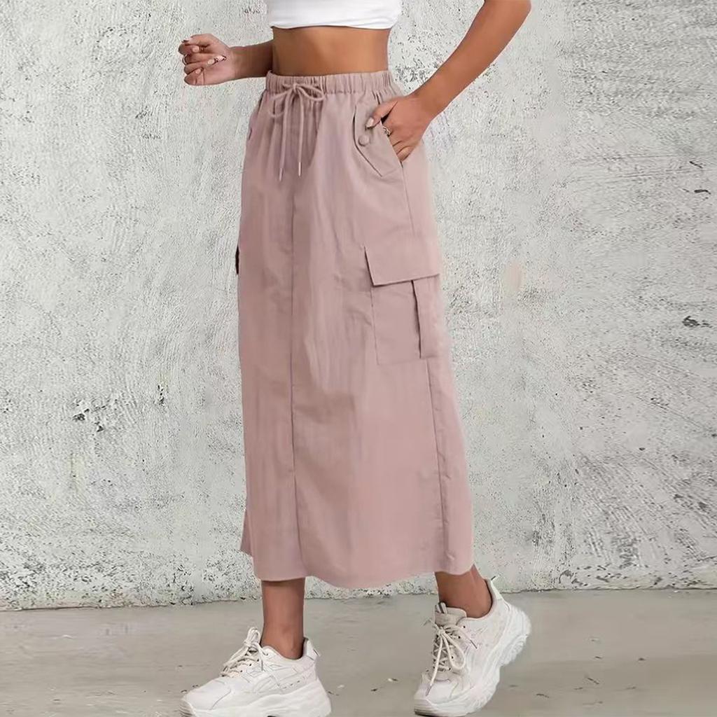 Women's Fashionable Solid Color Drawstring Elastic High Waisted A-line Pocket Back Slit Skirt