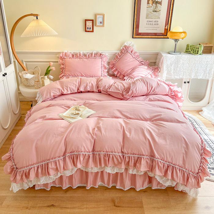 Nordic 100% Pure Cotton White Princess Ruffle Duvet Cover Set with Lace Bed Skirt