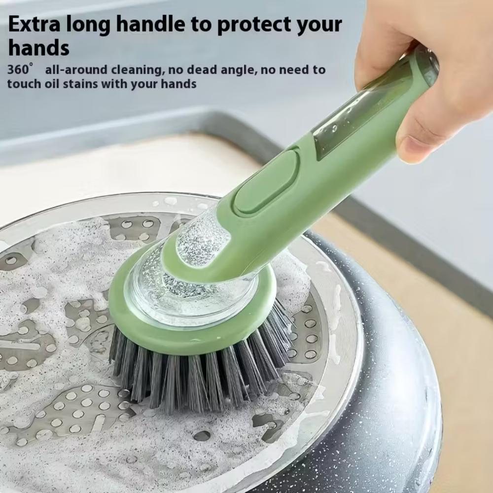 2 In 1 Press Type Automatic Liquid Outlet Cleaning Brush With Replaceable Head For Kitchen Cleaning Pots Pans Soap Dispenser