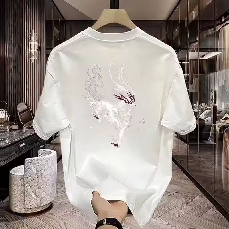 Cotton Summer New Chinese Streetwear Printed Short-sleeve T-shirt Trendy Half-sleeve Round-neck Top
