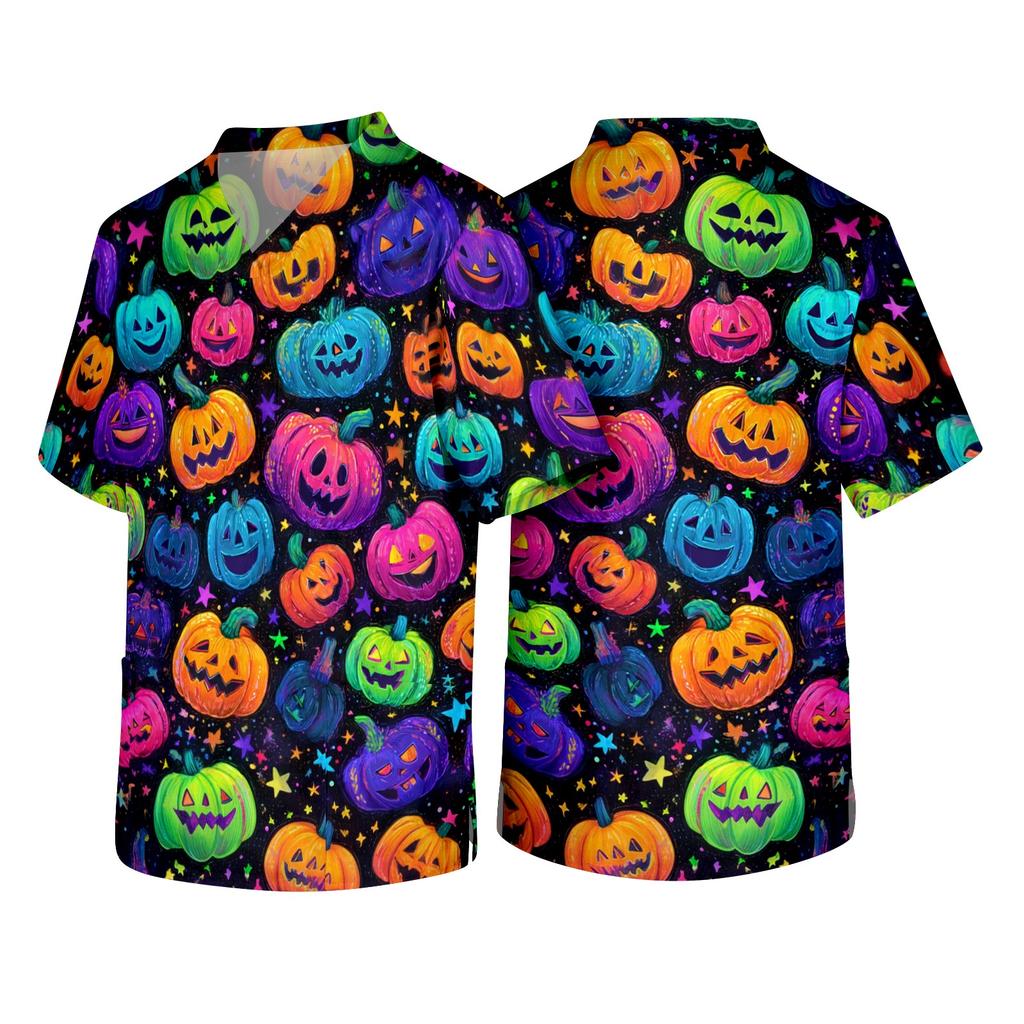 Men's Short Sleeve V Neck Halloween Print Chest Pocket Workwear Shirt with Cowboy Graphic Design for Casual Wear