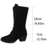 Fashion 2025 Autumn L New Pointed Head Suede Mid-calf Boots for Women Black Coffee Chunky High Heels Women's Shoes Front Lace Up Boats
