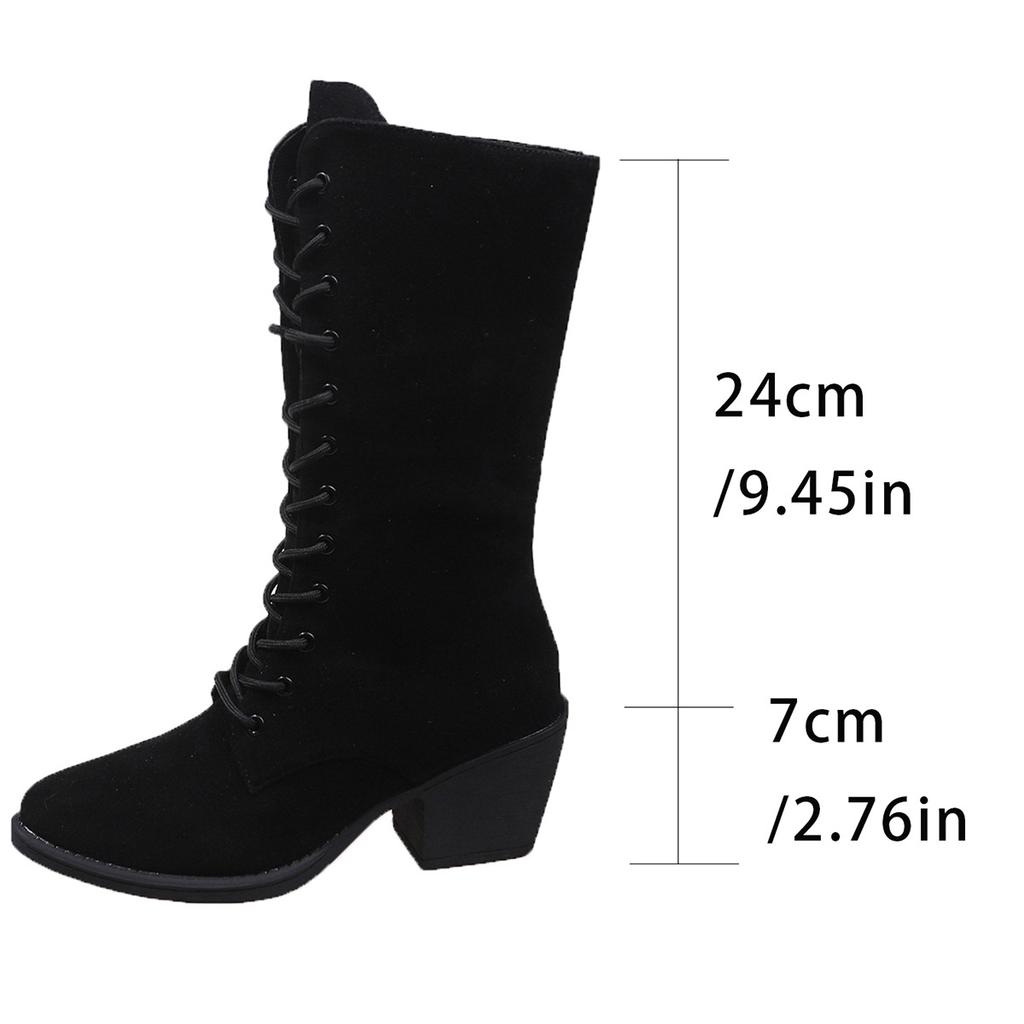 Fashion 2025 Autumn L New Pointed Head Suede Mid-calf Boots for Women Black Coffee Chunky High Heels Women's Shoes Front Lace Up Boats