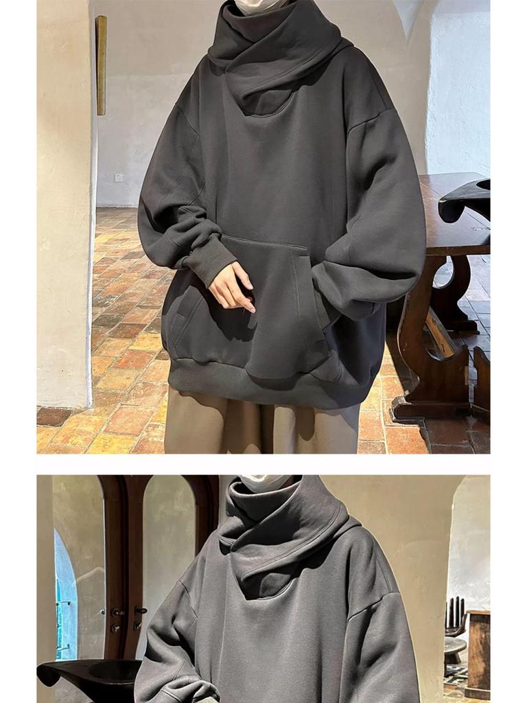 Męska bluza z kapturem oversize z wysokim kołnierzem w stylu czarownika - Jesienno-zimowa kurtka funkcyjna dla osób z fobią społeczną