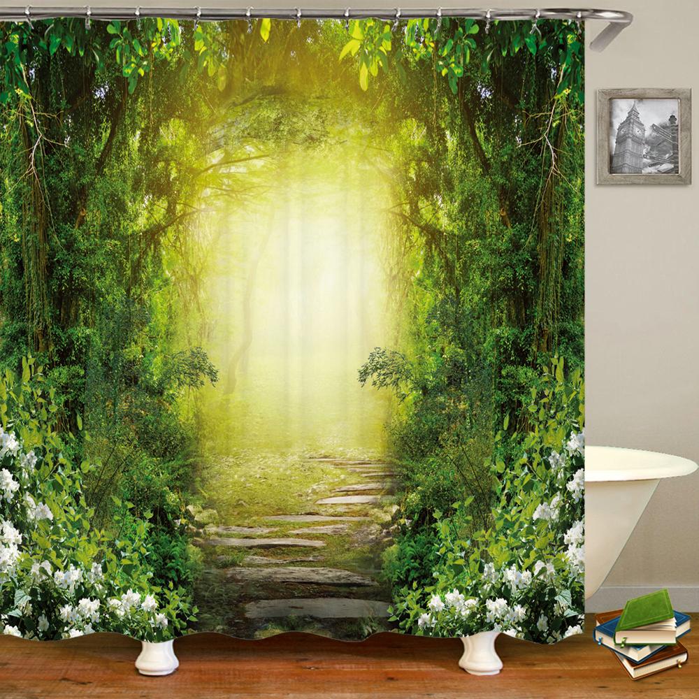 3D Fantasy Waldlandschaft bedruckter Duschvorhang wasserdichter Polyester-Badevorhang Badezimmerdekoration mit Haken Vorhang