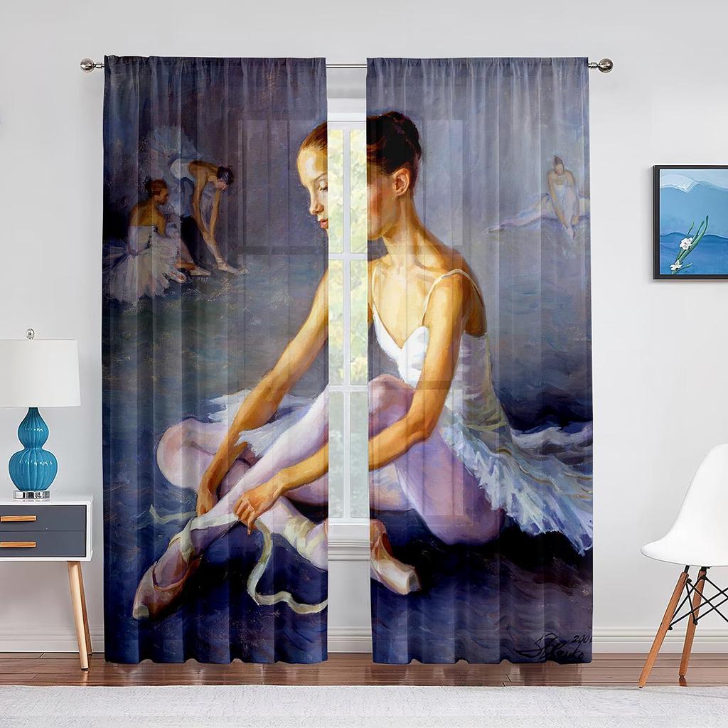 Retro Ballerina Dancing Classic Performance Tulle Curtain for Living Room Decoration Chiffon Sheer Voile Kitchen Bedroom Curtain