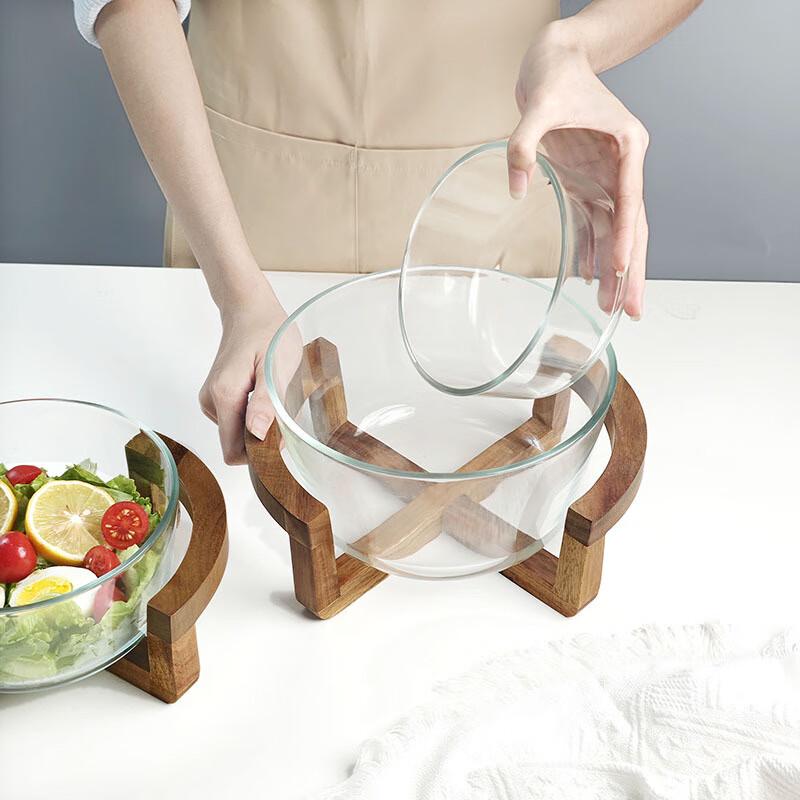Glass Fruit Bowl with Solid Wood Stand