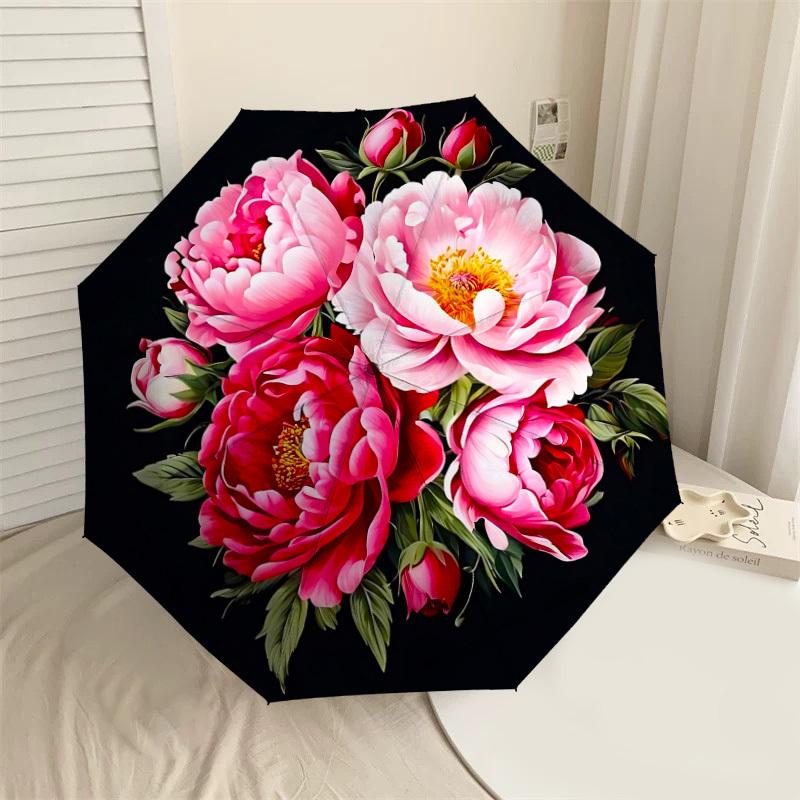 1pc Peony Flowers Automatic Folding Umbrella 8 Rib Iron Frame, Compact Portable Umbrella Suitable for Travel, Daily Use, Birthday, Women & Men Gift c
