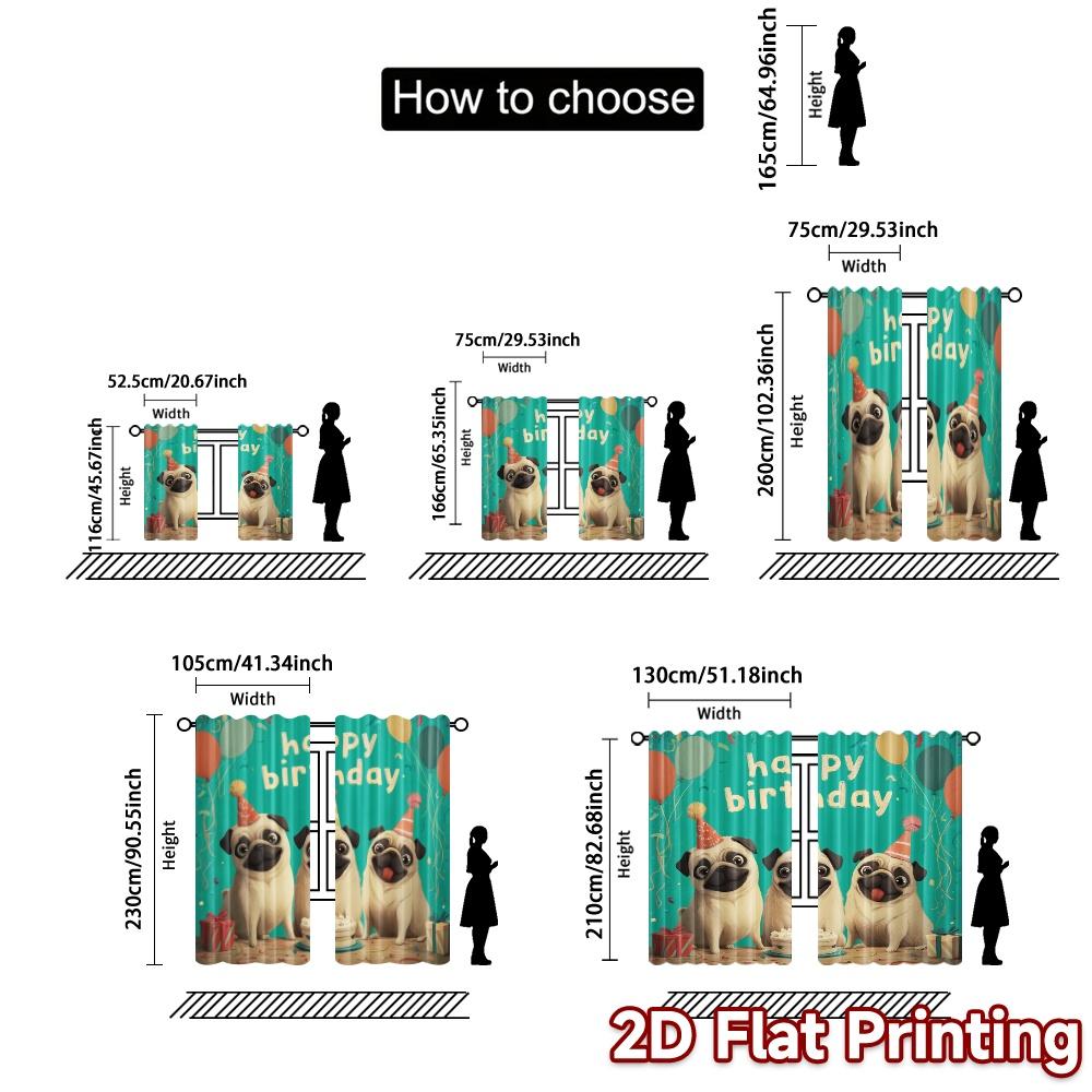 2pcs, 2D FLAT PRINTING Curtains (Without Rod) PugPartyTime(1) Modern Curtains Polyester Easy Install Curtains Holiday for
