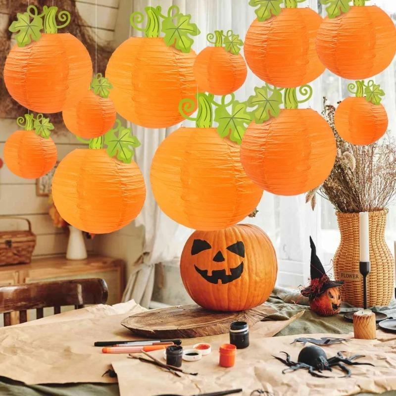 Halloween Round Paper Pumpkin Hanging Lantern Decoration for Thanksgiving Fall Festival Indoor Outdoor Party Patio Home Holiday Scene Decor Supplies
