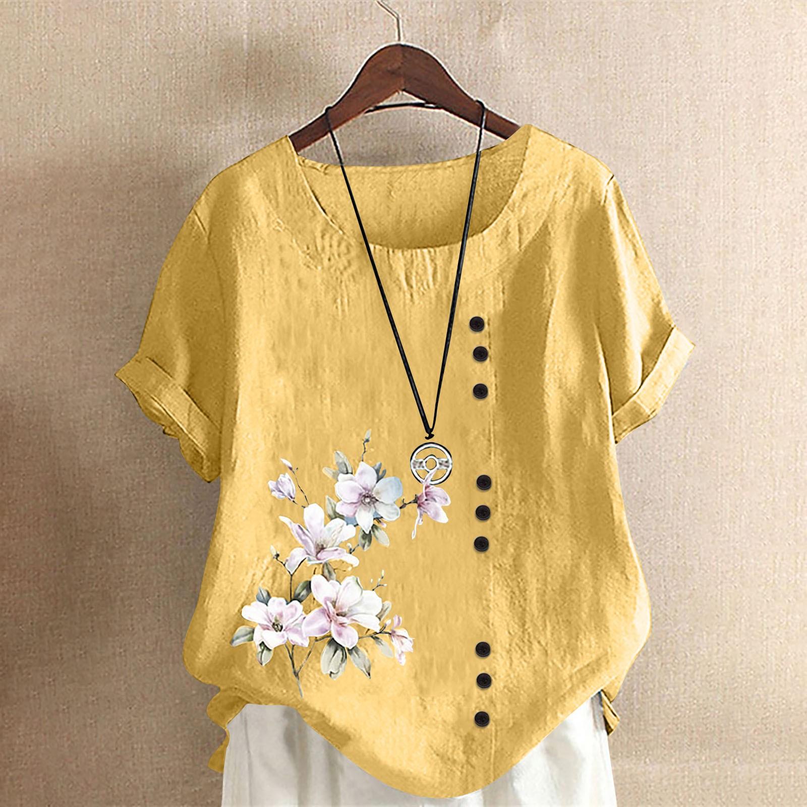 

Женская хлопково-льняная футболка с круглым вырезом, коротким рукавом и пуговицами, футболка с принтом XL жёлтый