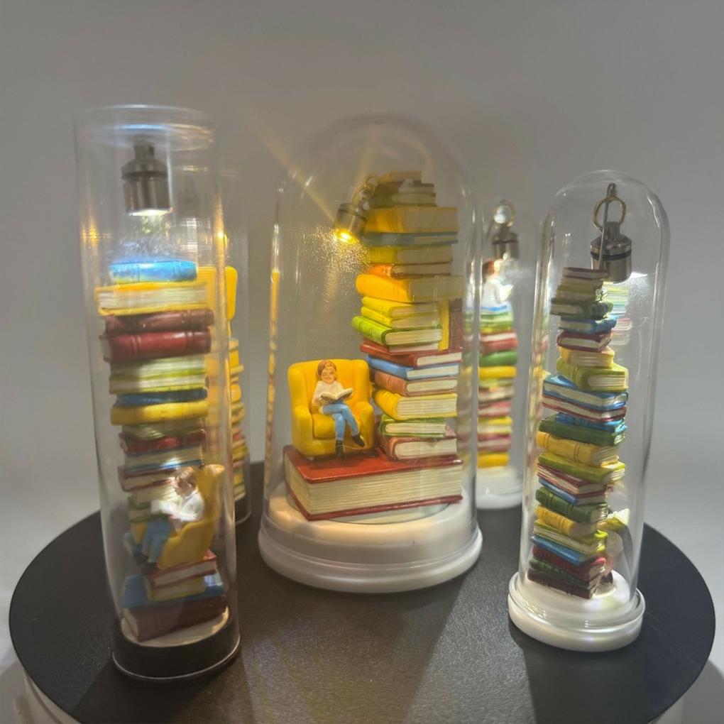 Creative Reading Man In Test Tube Figure Nights Lights For Book Lovers Home Desktop Decor Gift With Miniature Books And LED Lamp