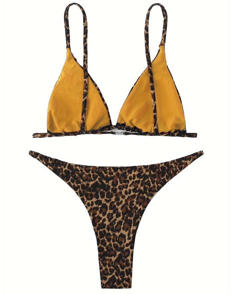 Damen Badeanzug Leopardenmuster Zweiteiliger Badeanzug Bikini Set Strandbekleidung Badeanzüge