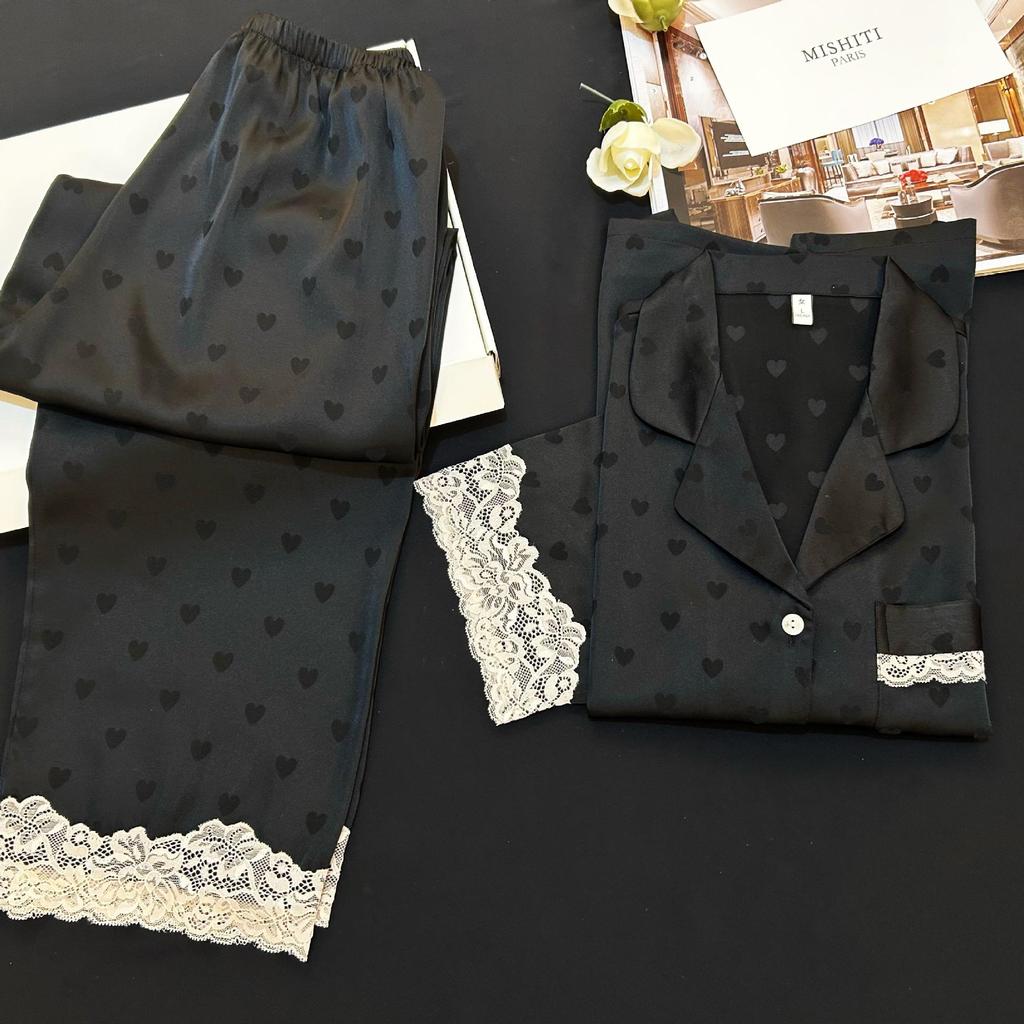 Xiaohongshu Style Women's Ice Silk Lace Cardigan Pajamas Set – Short Sleeve, Long Pants, Suitable for Summer Home or Outdoor Wear