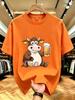 Unisex Crew Neck Tee Cow Holding Beer Cartoon Print Cotton Short Sleeve Loose Summer Street Breathable Daily Casual Basic Wear Top