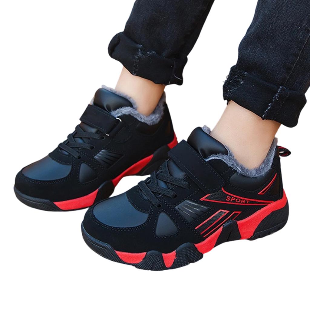 Winter Fleece Lined Kids Running Shoes Lightweight Breathable Athletic Sneakers with Hook and Loop Closure for Elementary School Children