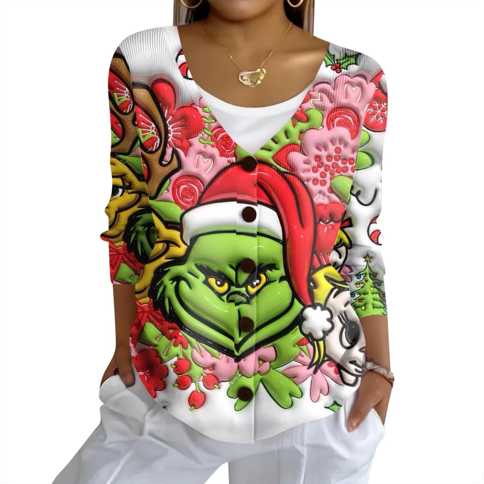 

Женский модный повседневный вязаный свитер на пуговицах, кардиган-жакет с рождественским принтом L красный