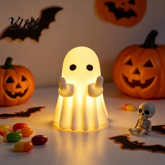 Whimsical Ghost Statue LED Middle Finger Halloween Night Light, Cute Spooky Handmade Ornaments for Desktop Home Office Decor Haunted House Display