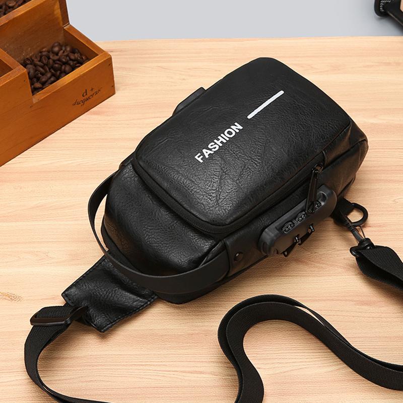 Men's Chest Bag Anti-theft USB Business Messenger Bag Multifunctional Water Repellent Shoulder Bag PU Commuter Backpack Men