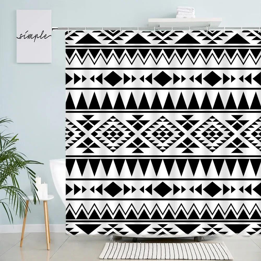 Creative Geometric Shower Curtains Retro Ethnic Style Design Pattern Print Modern Nordic Boho Bathroom Decor Bath Curtain Hooks