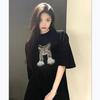 100% Pure Cotton Women's Cat Print Short Sleeve T-Shirt, Plus Size, Slimming Round Neck, Summer 2024 Collection.