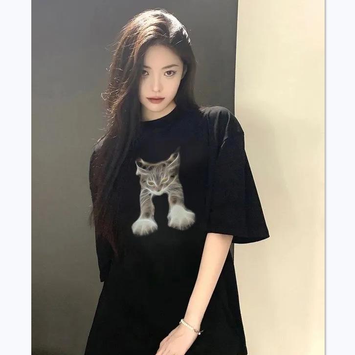 100% Pure Cotton Women's Cat Print Short Sleeve T-Shirt, Plus Size, Slimming Round Neck, Summer 2024 Collection.