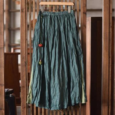 Kadın Vintage Etekler Elastik Bel Düz Renk Elbise Bahar Gevşek Patchwork Kadın Rahat A-Line Etekler