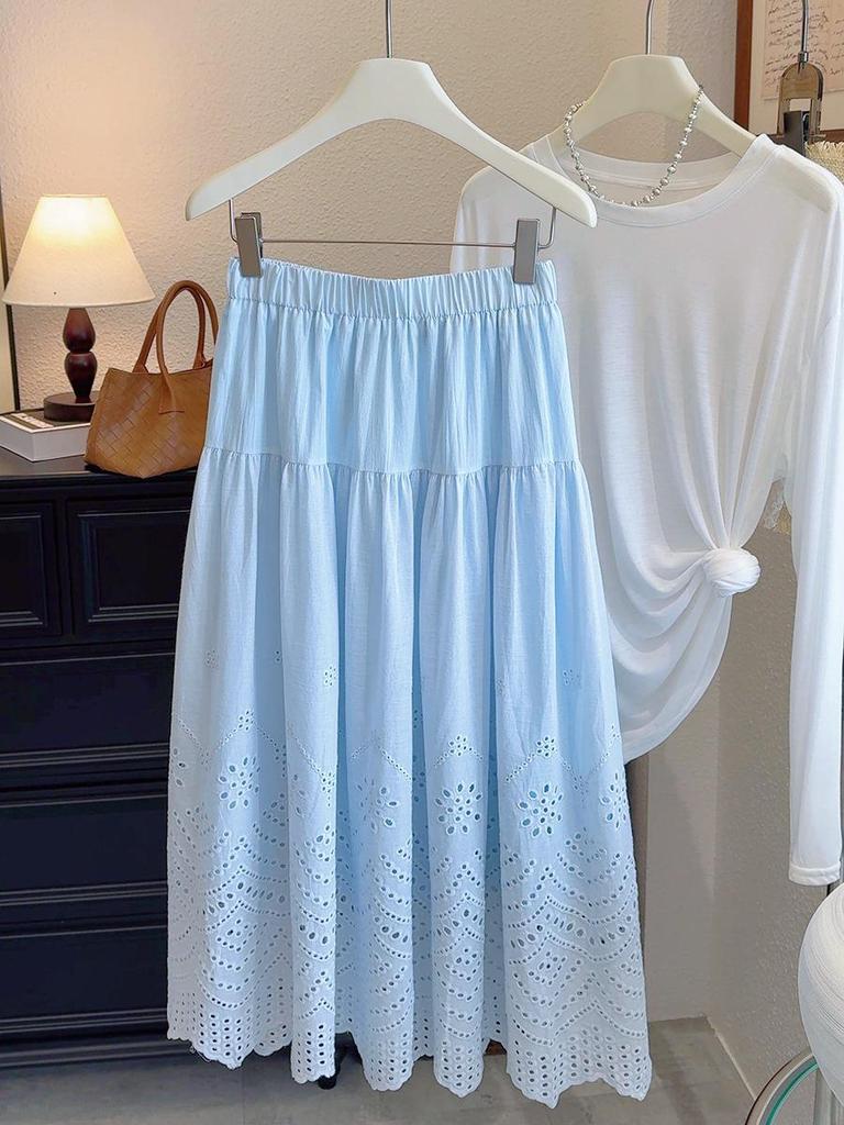 Spring 2026 French Sweet Lace Crochet A-Line Skirt with Elastic Waist for Women