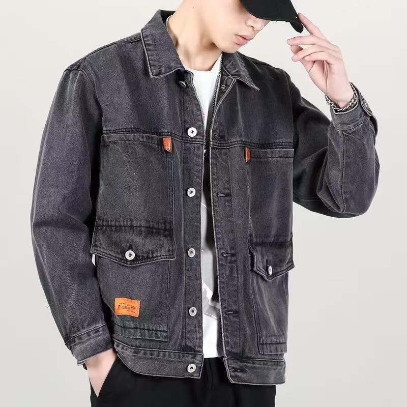 Denim Jacket Men Distressed Turn Down Collar Coats Single Breasted Washed Outerwear Loose Fit Pockets