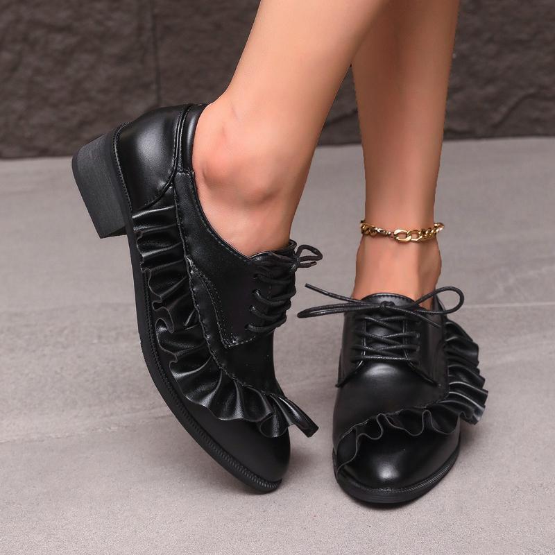 Fashion Women Ruffles Designer Lace Up Shoes Cowhide Genuine Leather Pumps Comfortable Low Cut Low Heels Shoes Party Footwear